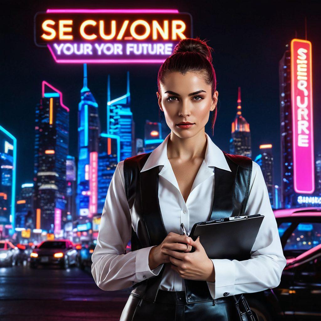 A confident adult film actress standing in front of a large, illuminated neon sign that reads 'Secure Your Future'. Behind her, a shimmering city skyline at dusk with a subtle hint of glamour. She is holding a clipboard with insurance paperwork, symbolizing coverage and security. The overall atmosphere should convey empowerment and professionalism. vibrant colors. cyberpunk.
