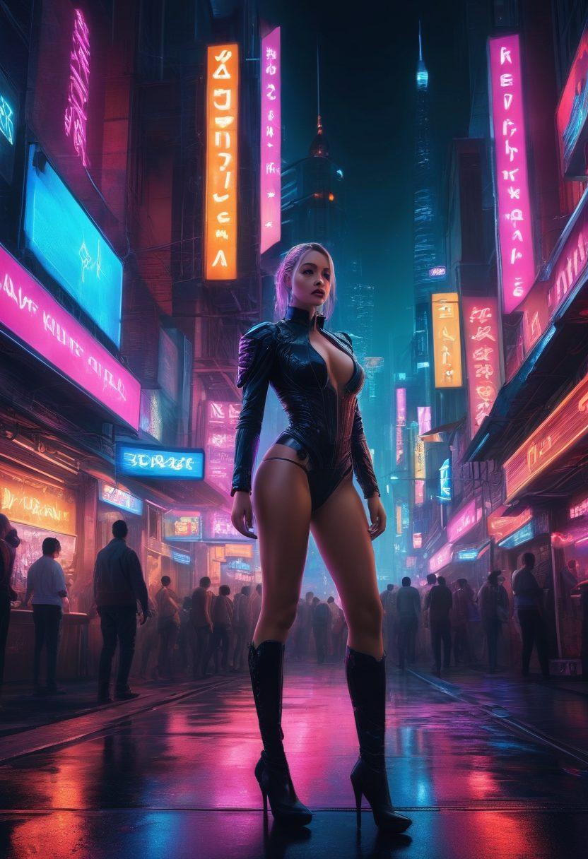 An intricate cityscape at night reflecting the adult entertainment industry, featuring neon lights, a bustling street with diverse performers, and contrasting elements of risk such as caution signs and insurance documents subtly integrated into the background. The scene should evoke a sense of excitement and caution, with vibrant colors illuminating the surroundings. digital art. cyberpunk. vibrant colors. dark background.