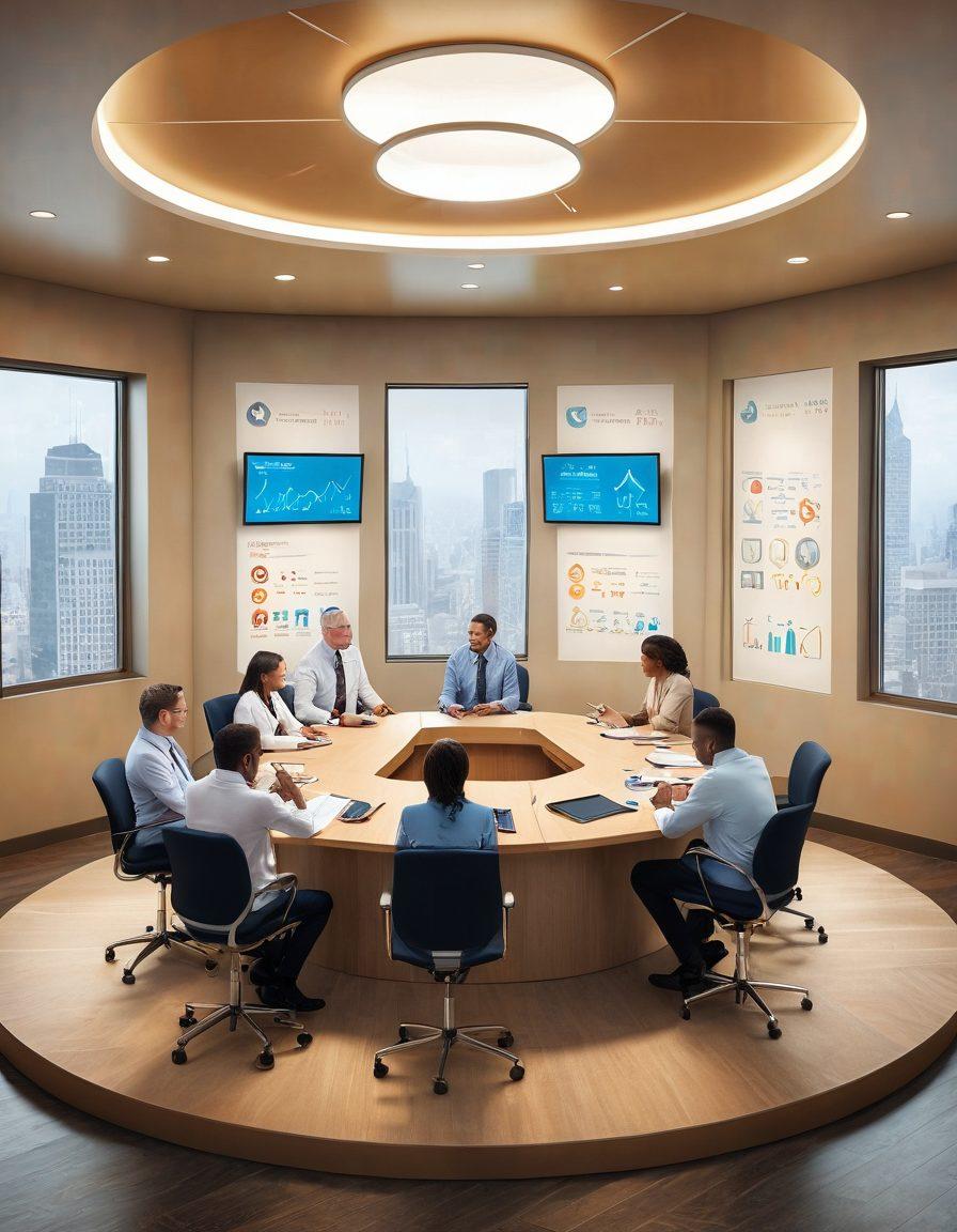 A thoughtful adultscape featuring a diverse group of adults engaged in discussions about health and life insurance, surrounded by symbolic elements like shields and safety nets representing protection. Include visual representations of health icons like stethoscopes and heartbeats, intertwined with financial symbols like coins and graphs. The setting is warm and inviting with soft lighting. super-realistic. vibrant colors. modern style.